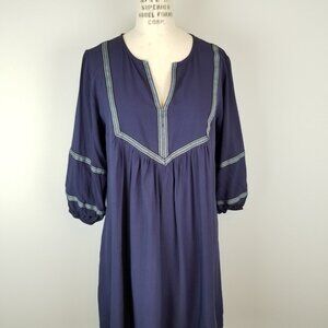 Vaugu Navy Blue Embroidered Blouson Relaxed Boho Style Dress Size Large * NWT